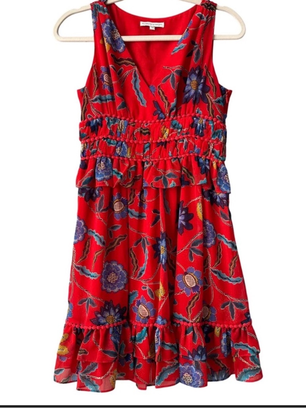 Rebecca Minoff Floral V-Neck Sleeveless Dress - Red